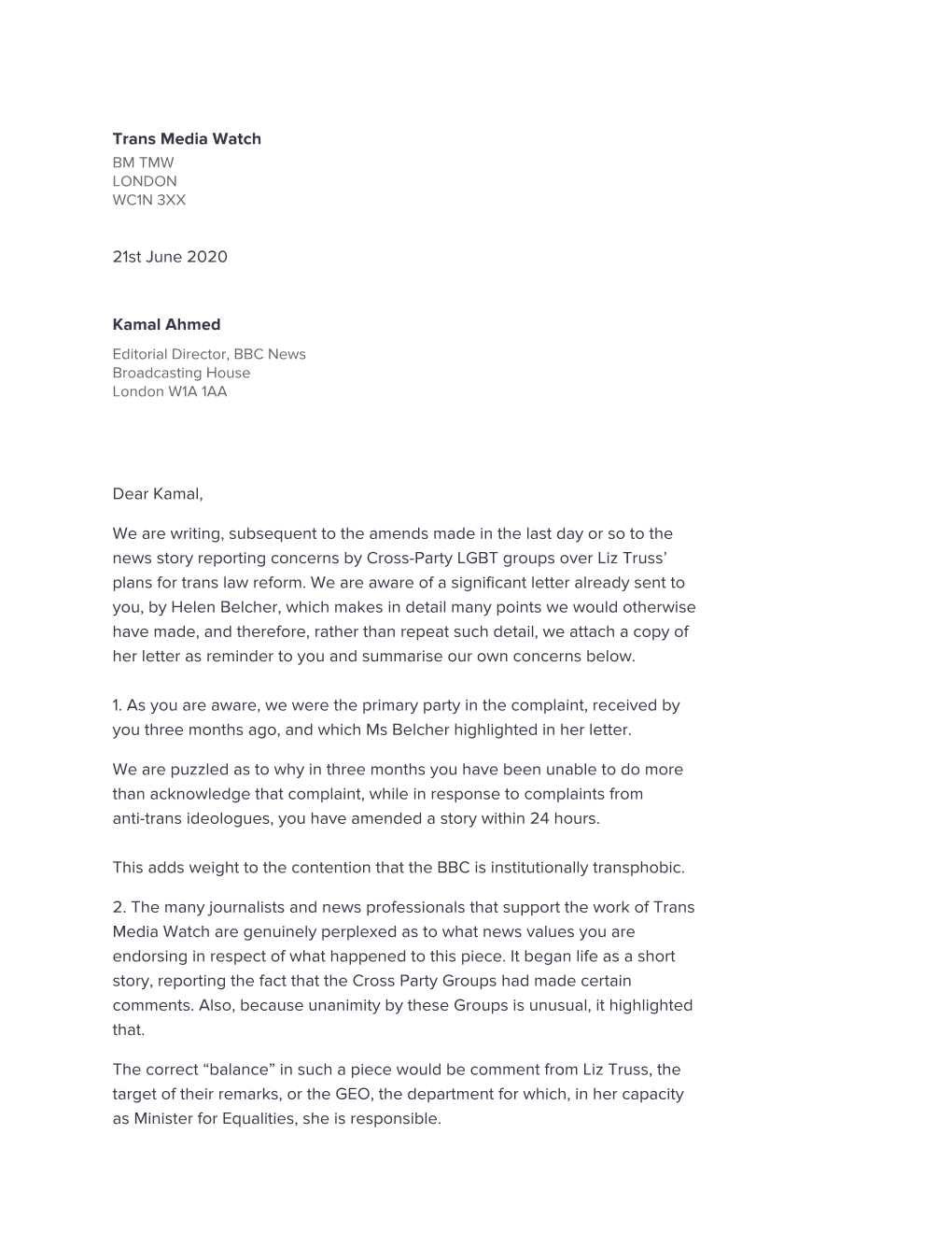 Trans Media Watch 21St June 2020 Kamal Ahmed Dear Kamal, We Are