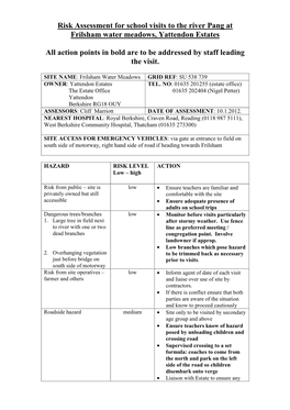 Risk Assessment for School Visits to the River Pang at Pangfield Farm