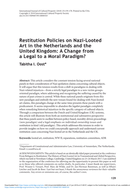 Restitution Policies on Nazi-Looted Art in the Netherlands and the United Kingdom: a Change from a Legal to a Moral Paradigm? Tabitha I