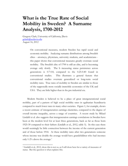 What Is the True Rate of Social Mobility in Sweden? a Surname Analysis, 1700-2012