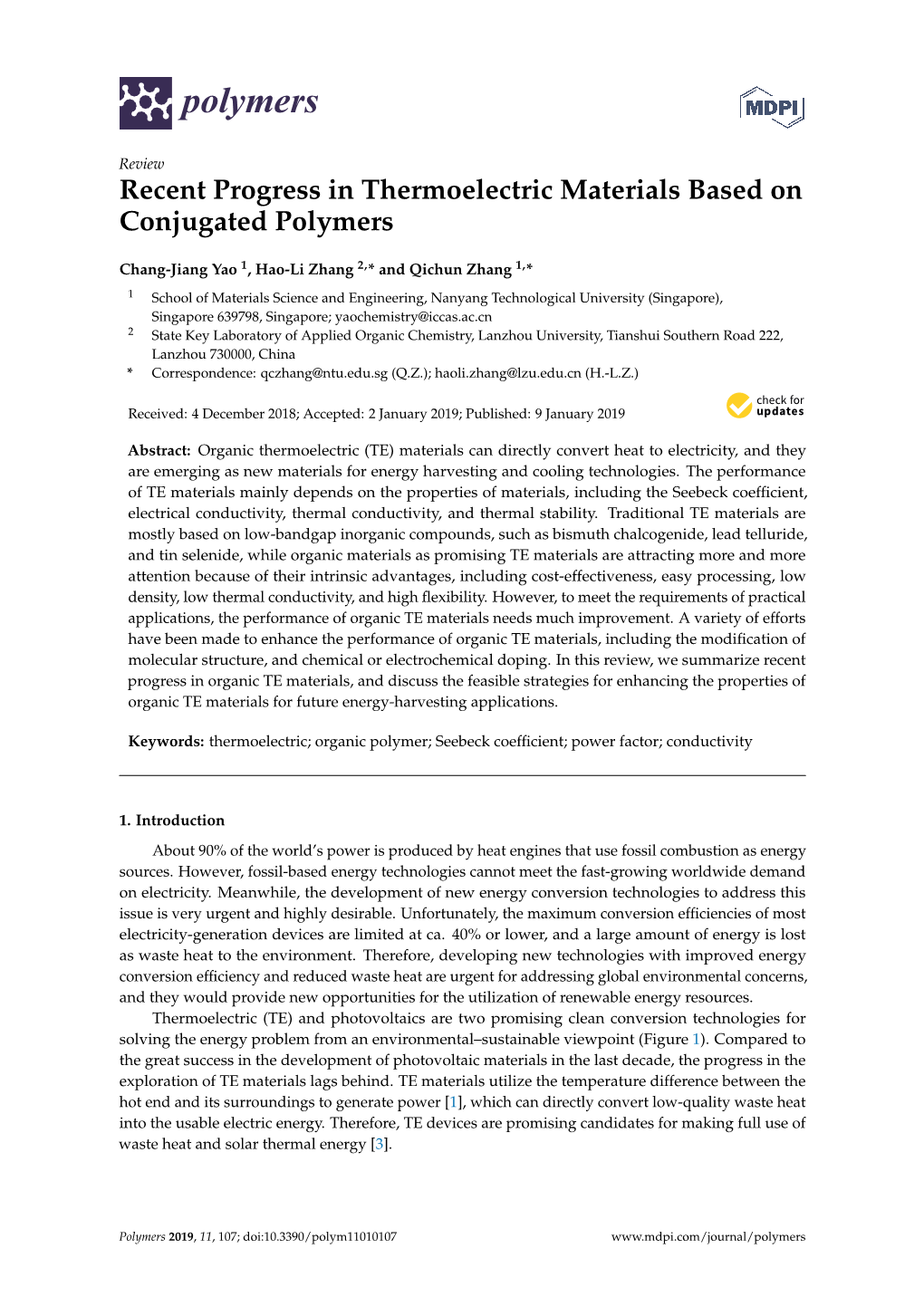 Recent Progress in Thermoelectric Materials Based on Conjugated Polymers