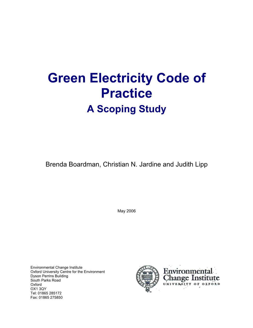 Green Electricity Code of Practice a Scoping Study