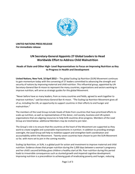 Press Release: UN Secretary General Appoints SUN Lead Group