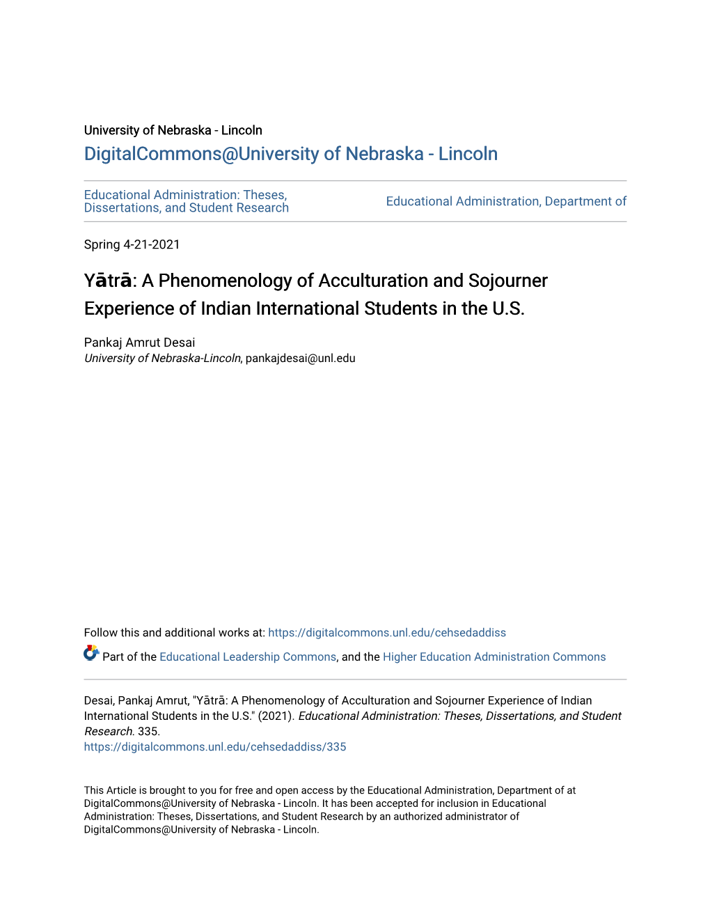 Yātrā: a Phenomenology of Acculturation and Sojourner Experience of Indian International Students in the U.S