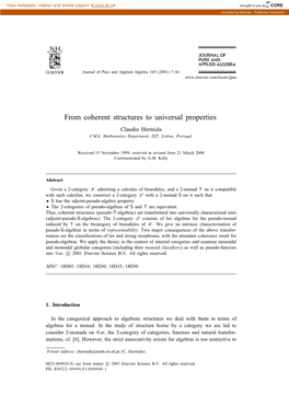 From Coherent Structures to Universal Properties Claudio Hermida CMA, Mathematics Department, IST, Lisbon, Portugal