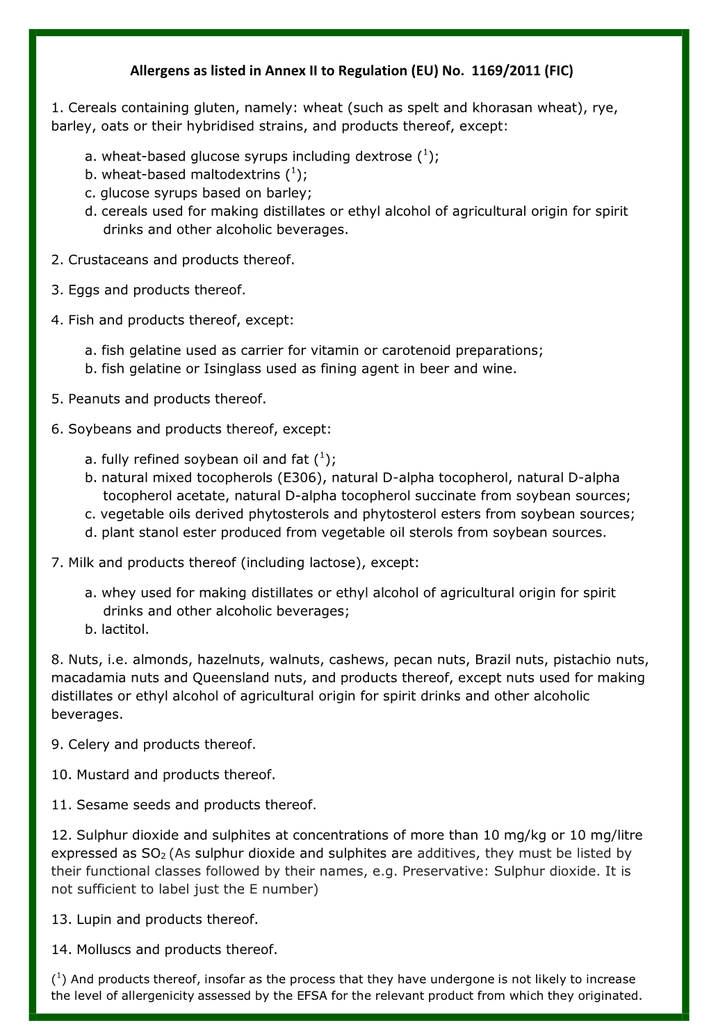 Allergens As Listed in Annex II to Regulation (EU) No. 1169/2011 (FIC)