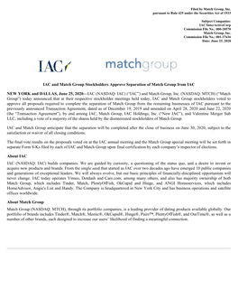 NASDAQ: IAC) (“IAC”) and Match Group, Inc