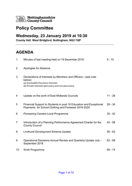 Policy Committee Wednesday, 23 January 2019 at 10:30 County Hall, West Bridgford, Nottingham, NG2 7QP