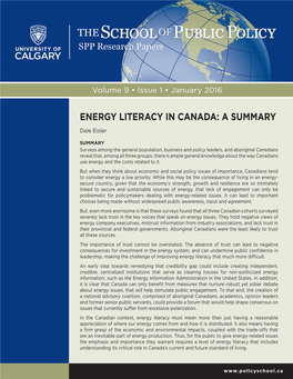 ENERGY LITERACY in CANADA: a SUMMARY Dale Eisler