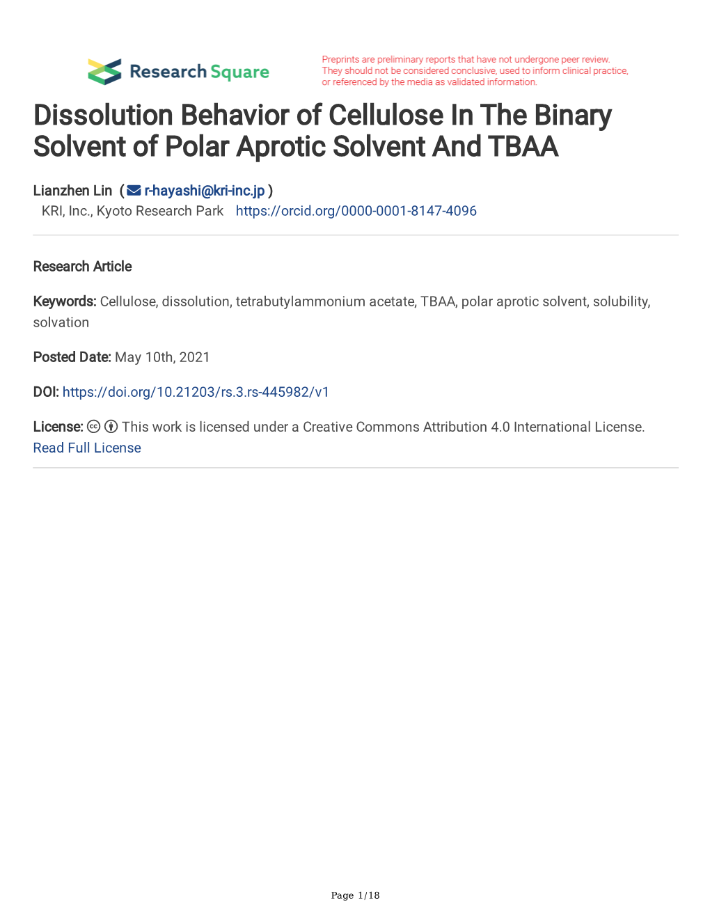 Dissolution Behavior of Cellulose in the Binary Solvent of Polar Aprotic Solvent and TBAA