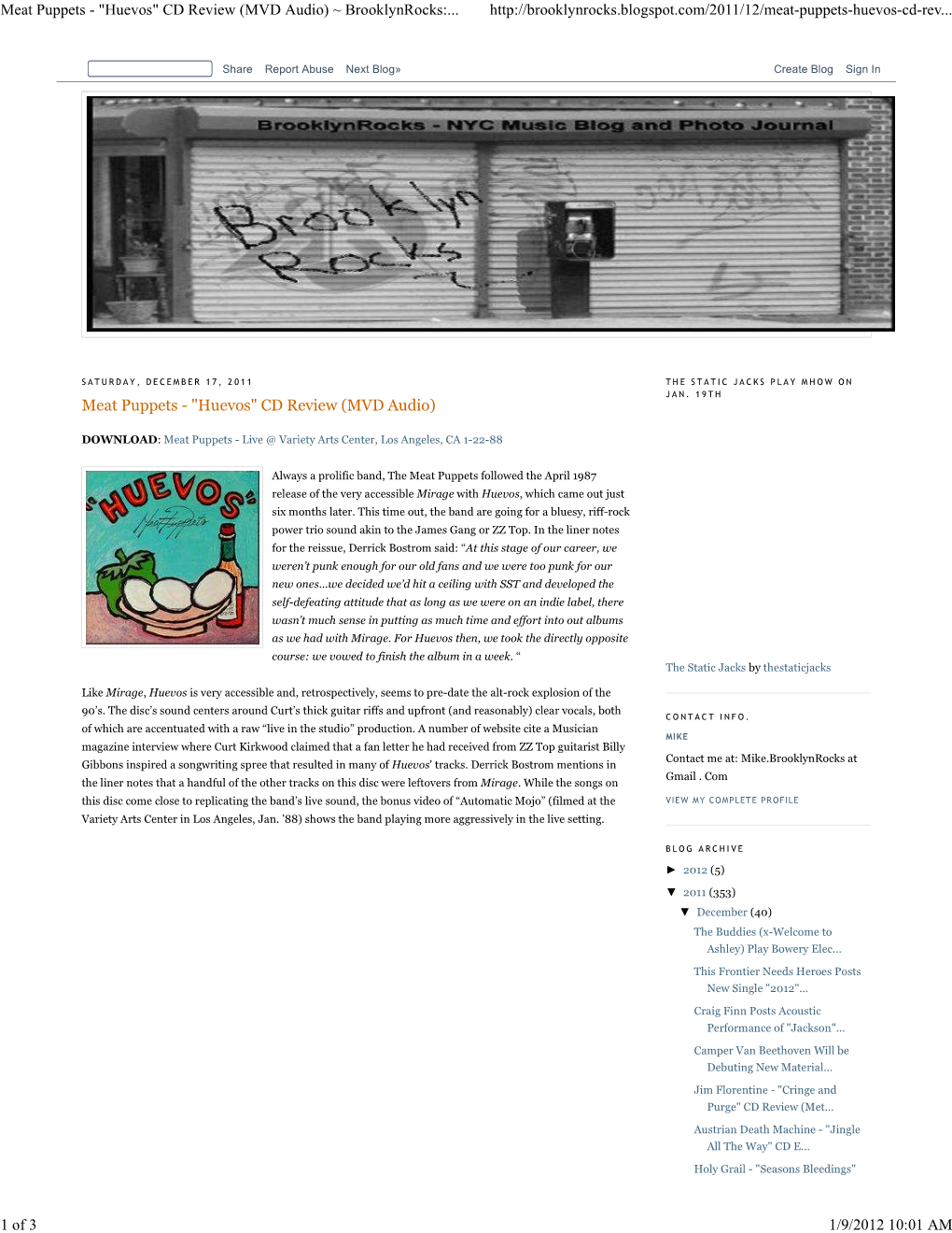 Meat Puppets - "Huevos" CD Review (MVD Audio) ~ Brooklynrocks