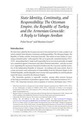 The Ottoman Empire, the Republic of Turkey and the Armenian Genocide: a Reply to Vahagn Avedian