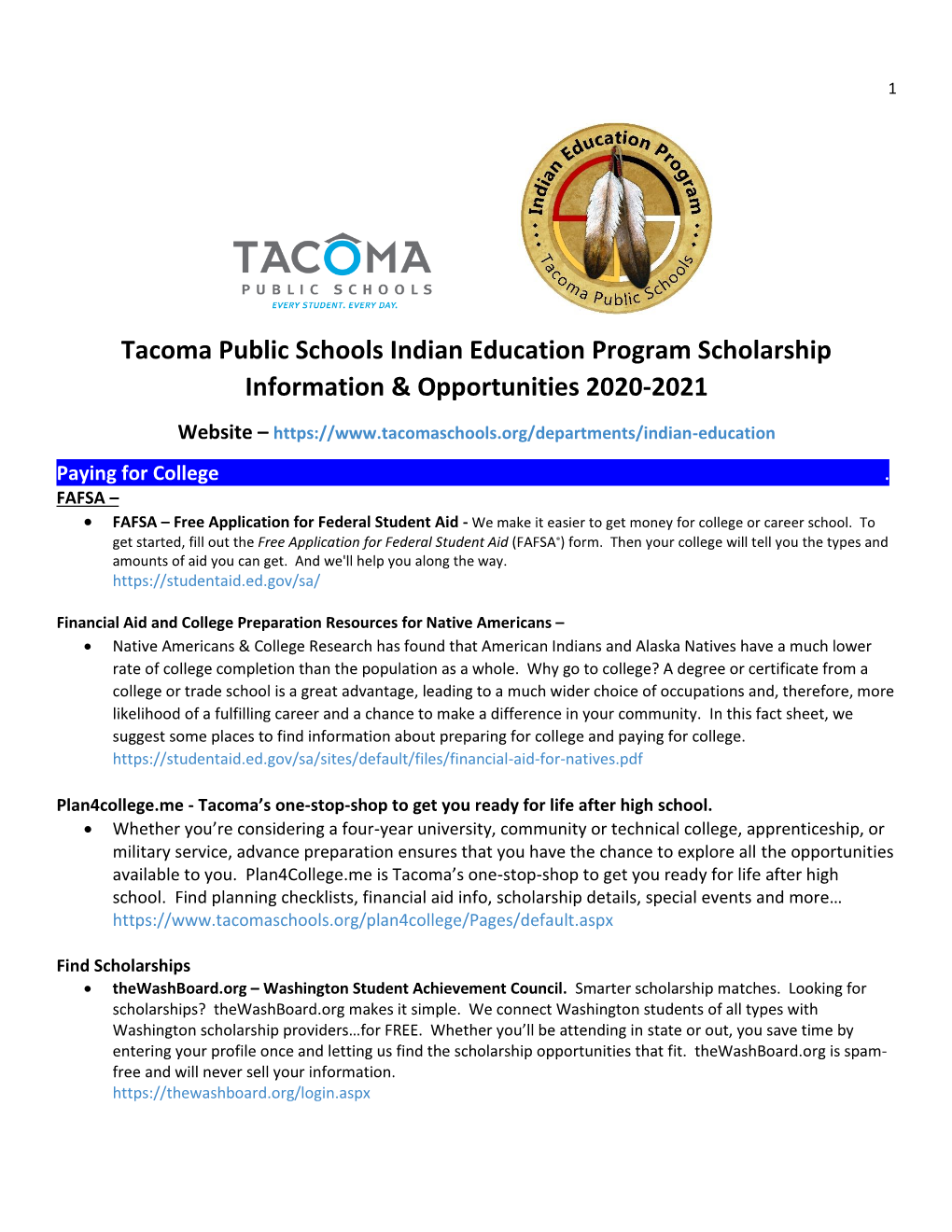 Indian Education Program Scholarship Information 2020-2021