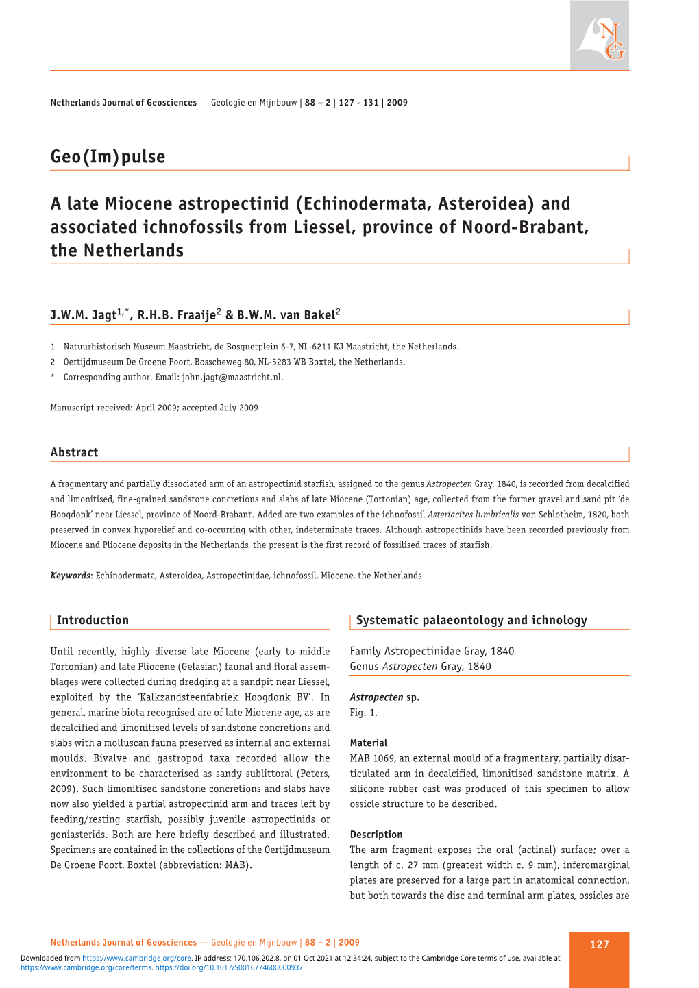 Echinodermata, Asteroidea) and Associated Ichnofossils from Liessel, Province of Noord-Brabant, the Netherlands