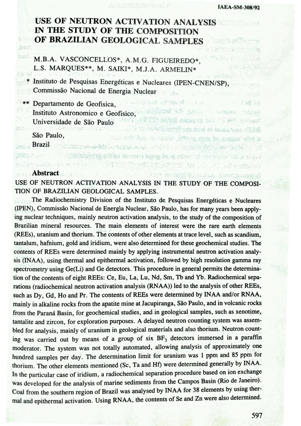 Use of Neutron Activation Analysis in the Study of the Composition of Brazilian Geological Samples