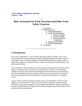 Risk Assessment for Food Terrorism and Other Food Safety Concerns