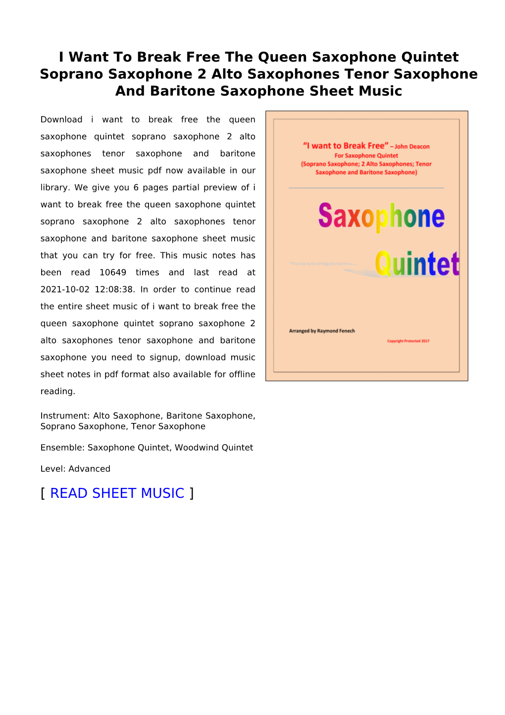 Sheet Music of I Want to Break Free the Queen Saxophone Quintet