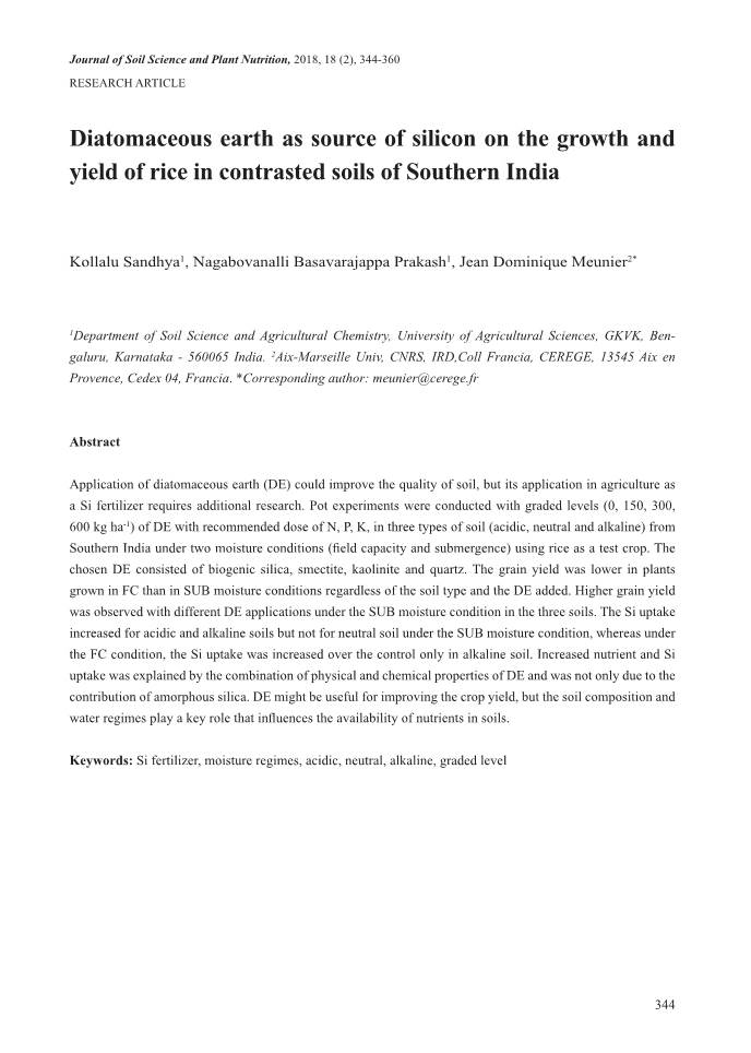 Diatomaceous Earth As Source of Silicon on the Growth and Yield of Rice in Contrasted Soils of Southern India