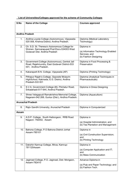 `List of Universities/Colleges Approved for the Scheme of Community Colleges S.No Name of the College Courses Approved Andhra P