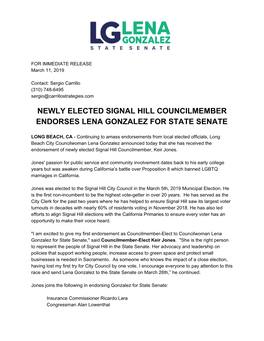 Newly Elected Signal Hill Councilmember Endorses Lena Gonzalez for State Senate