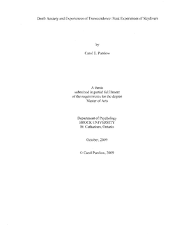 Death Anxiety and Experiences of Transcendence: Peak Experiences of Skydivers by Carol E. Purslow a Thesis Submitted in Partial