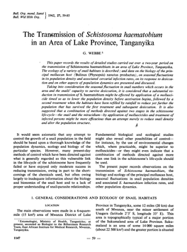 The Transmission of Schistosoma Haematobium in an Area of Lake Province, Tanganyika