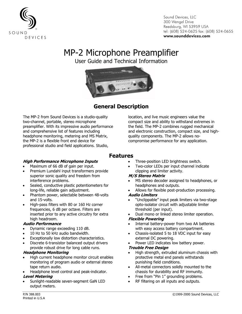 MP-2 Microphone Preamplifier User Guide and Technical Information