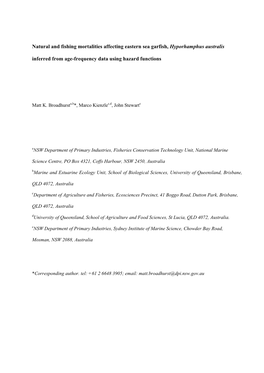 Natural and Fishing Mortalities Affecting Eastern Sea Garfish, Hyporhamphus Australis Inferred from Age-Frequency Data Using Hazard Functions