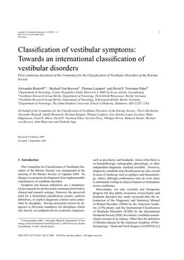 Towards an International Classification of Vestibular Disorders