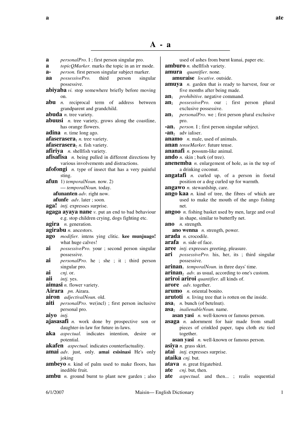 Maisin English Dictionary