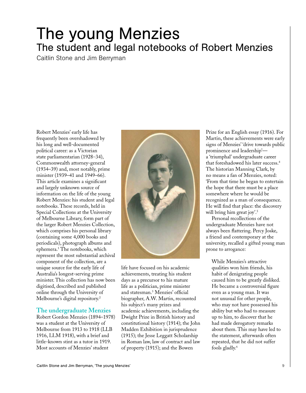 The Young Menzies the Student and Legal Notebooks of Robert Menzies Caitlin Stone and Jim Berryman