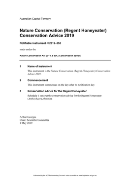 Regent Honeyeater) Conservation Advice 2019