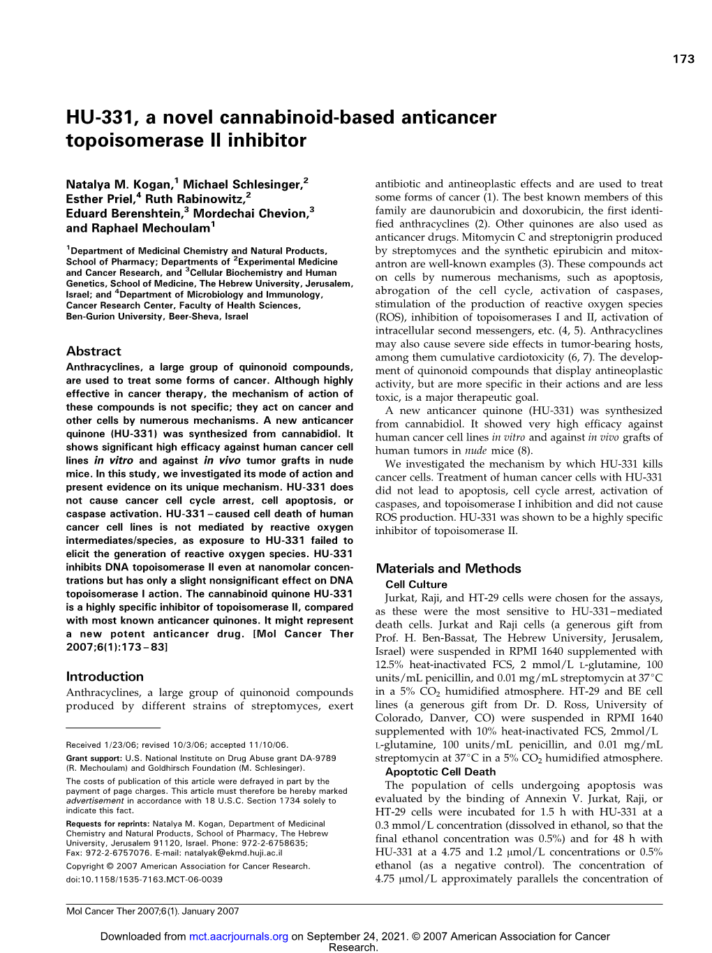 HU-331, a Novel Cannabinoid-Based Anticancer Topoisomerase II Inhibitor