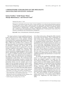 A MITOGENOMIC EXPLORATION of the PHYLOGENY and EVOLUTION of EXTANT ANURANS Suman Pratihar,1 Sushil Kumar Dutta,2 Manojit Bhattac