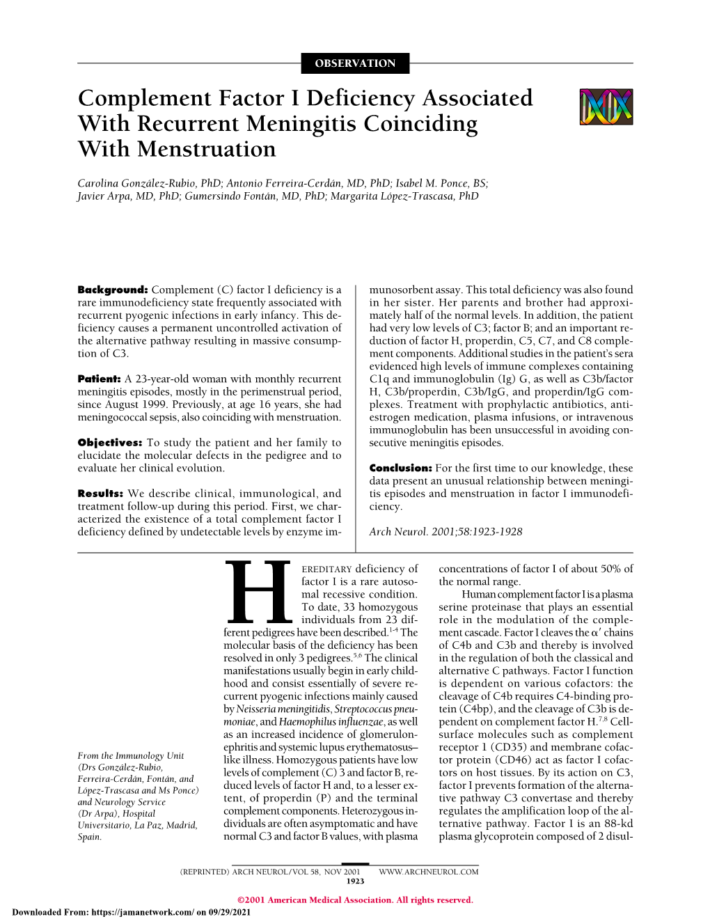 Complement Factor I Deficiency Associated with Recurrent Meningitis Coinciding with Menstruation