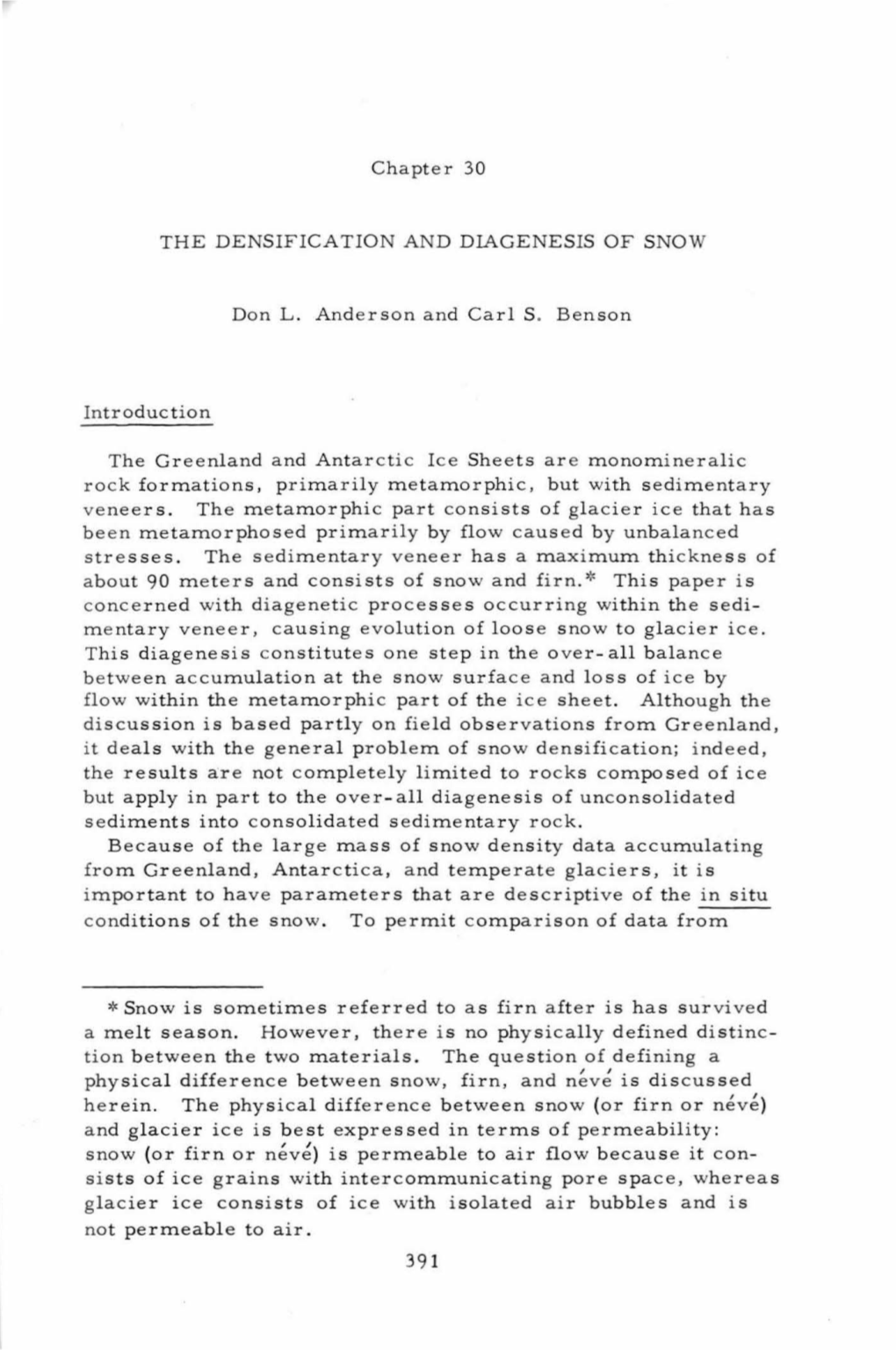 Chapter 30 the DENSIFICA TION and DIAGENESIS of SNOW Don