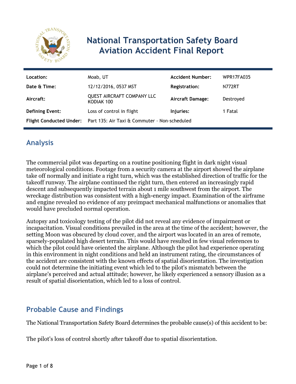 National Transportation Safety Board Aviation Accident Final Report