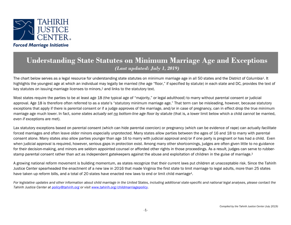 Understanding State Statutes on Minimum Marriage Age and Exceptions (Last Updated: July 1, 2019)