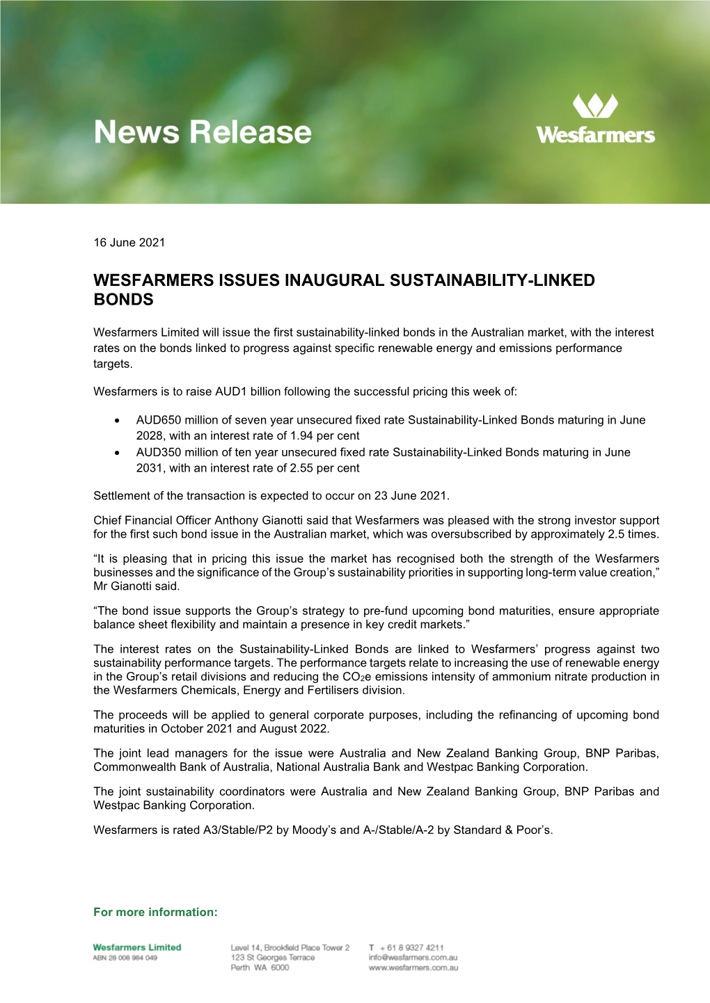 Wesfarmers Issues Inaugural Sustainability-Linked Bonds