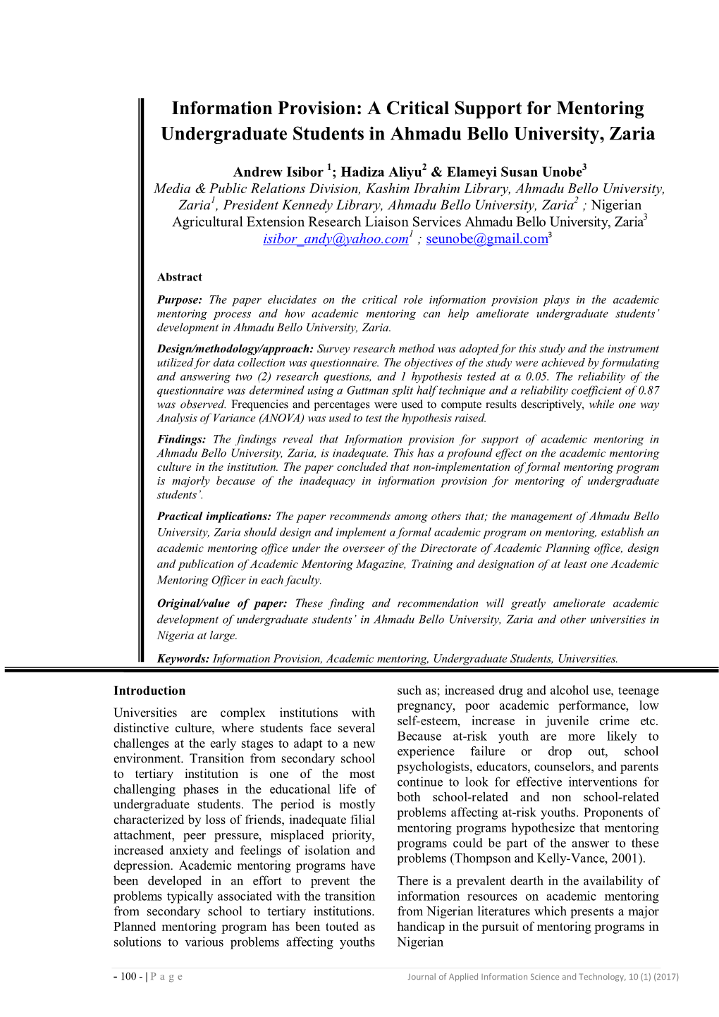 A Critical Support for Mentoring Undergraduate Students in Ahmadu Bello University, Zaria