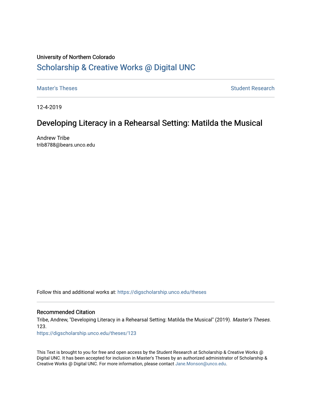 Developing Literacy in a Rehearsal Setting: Matilda the Musical