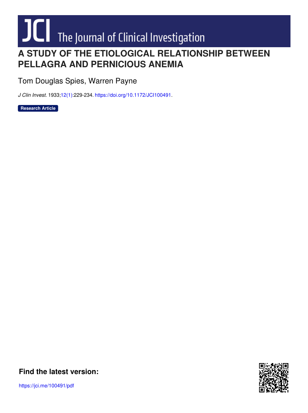 A Study of the Etiological Relationship Between Pellagra and Pernicious Anemia