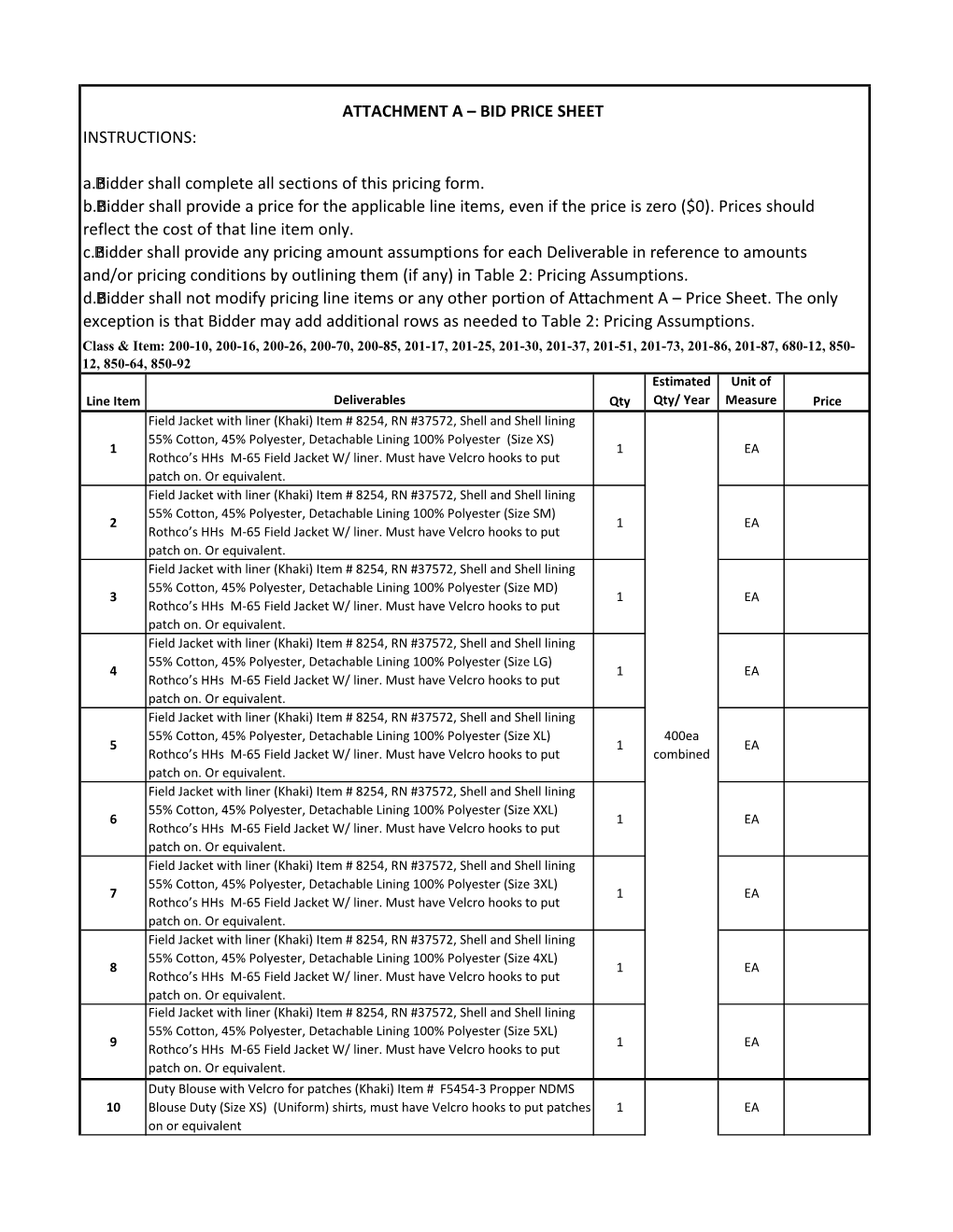 ATTACHMENT a – BID PRICE SHEET INSTRUCTIONS: A. Bidder Shall Complete All Sections of This Pricing Form