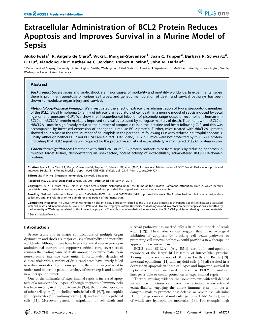 Extracellular Administration of BCL2 Protein Reduces Apoptosis and Improves Survival in a Murine Model of Sepsis