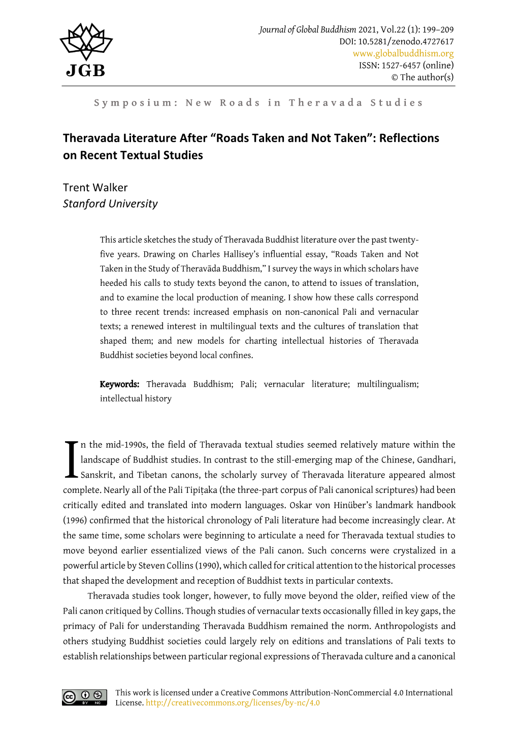 Theravada Literature After “Roads Taken and Not Taken”: Reflections on Recent Textual Studies