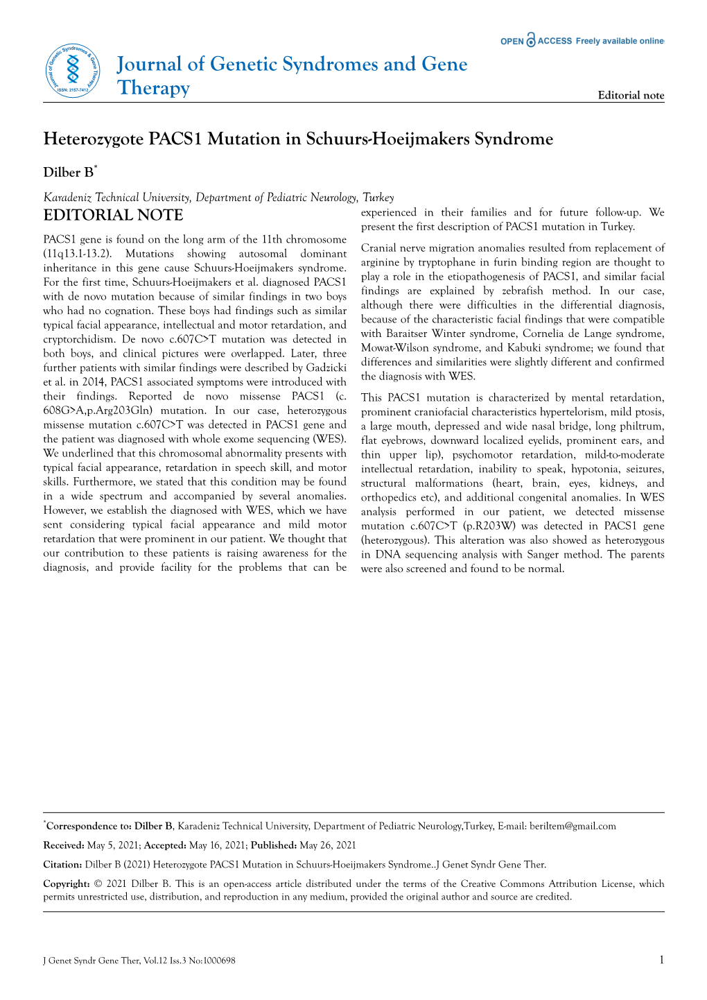 Heterozygote PACS1 Mutation in Schuurs-Hoeijmakers Syndrome