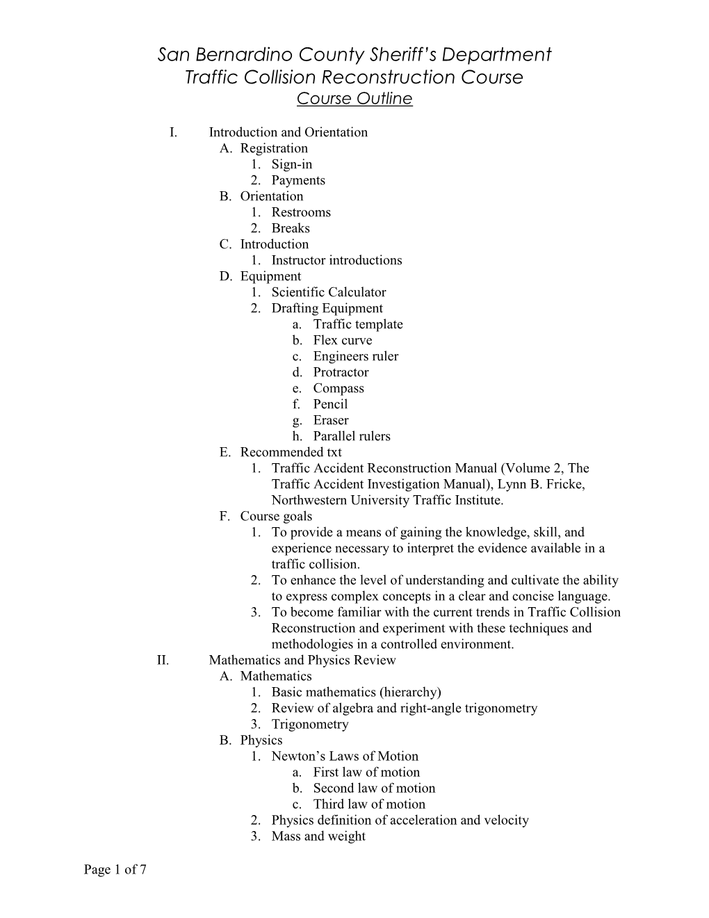 Traffic Collision Reconstruction Course Outline