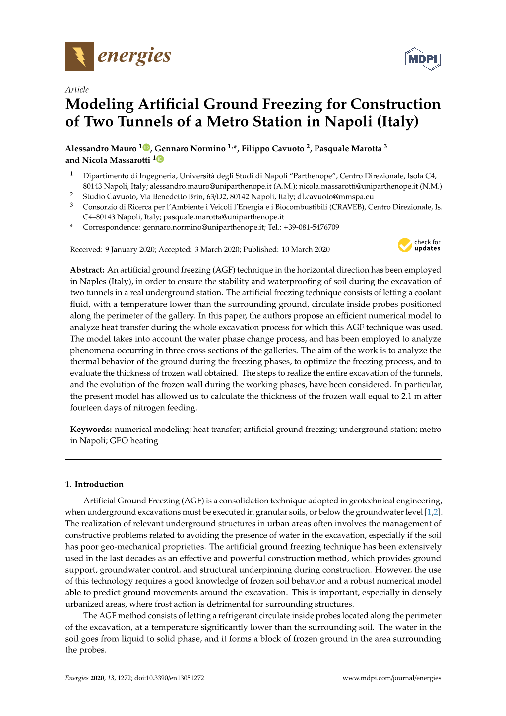 Modeling Artificial Ground Freezing for Construction of Two Tunnels of a Metro Station in Napoli