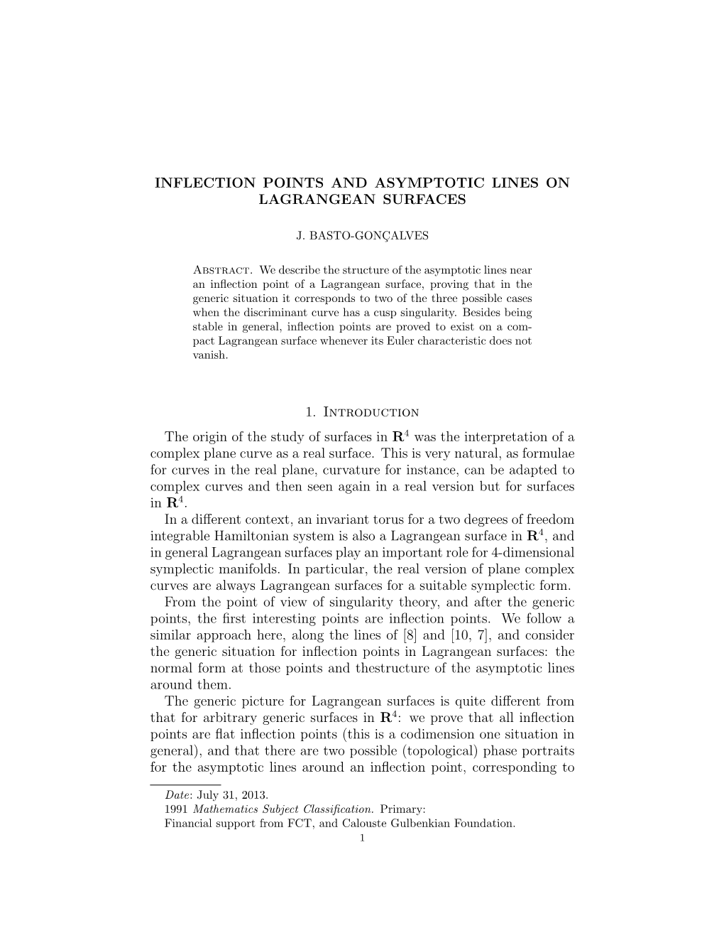 Inflection Points and Asymptotic Lines on Lagrangean Surfaces