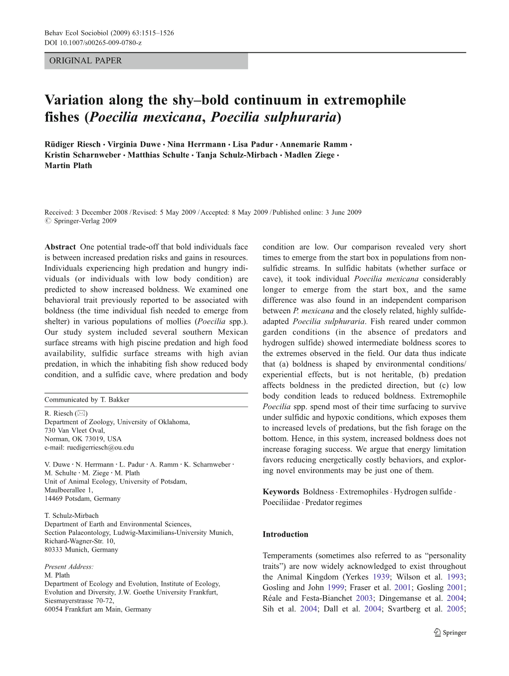 Variation Along the Shy–Bold Continuum in Extremophile Fishes (Poecilia Mexicana, Poecilia Sulphuraria)